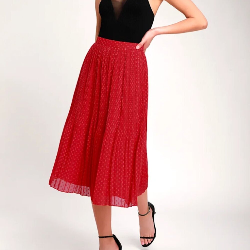 Lulus You're On My Mind Red Pleated Swiss Dot Midi Skirt - Medium